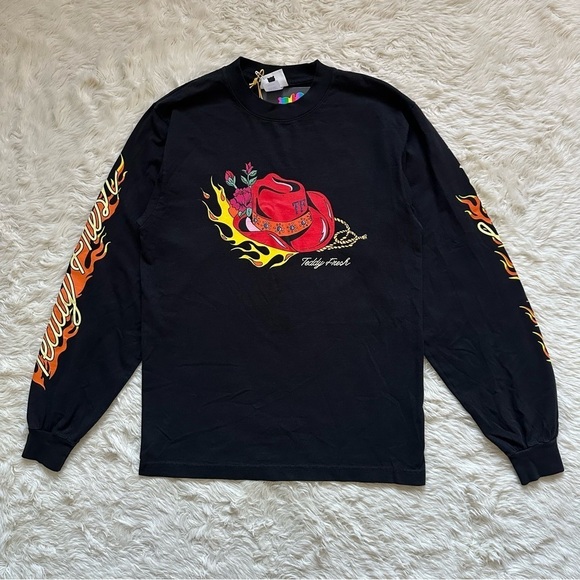 Teddy Fresh Long Sleeve Tee Giddy Up Cowboy Hat Flames Crewneck Black S NWT New - Picture 2 of 11